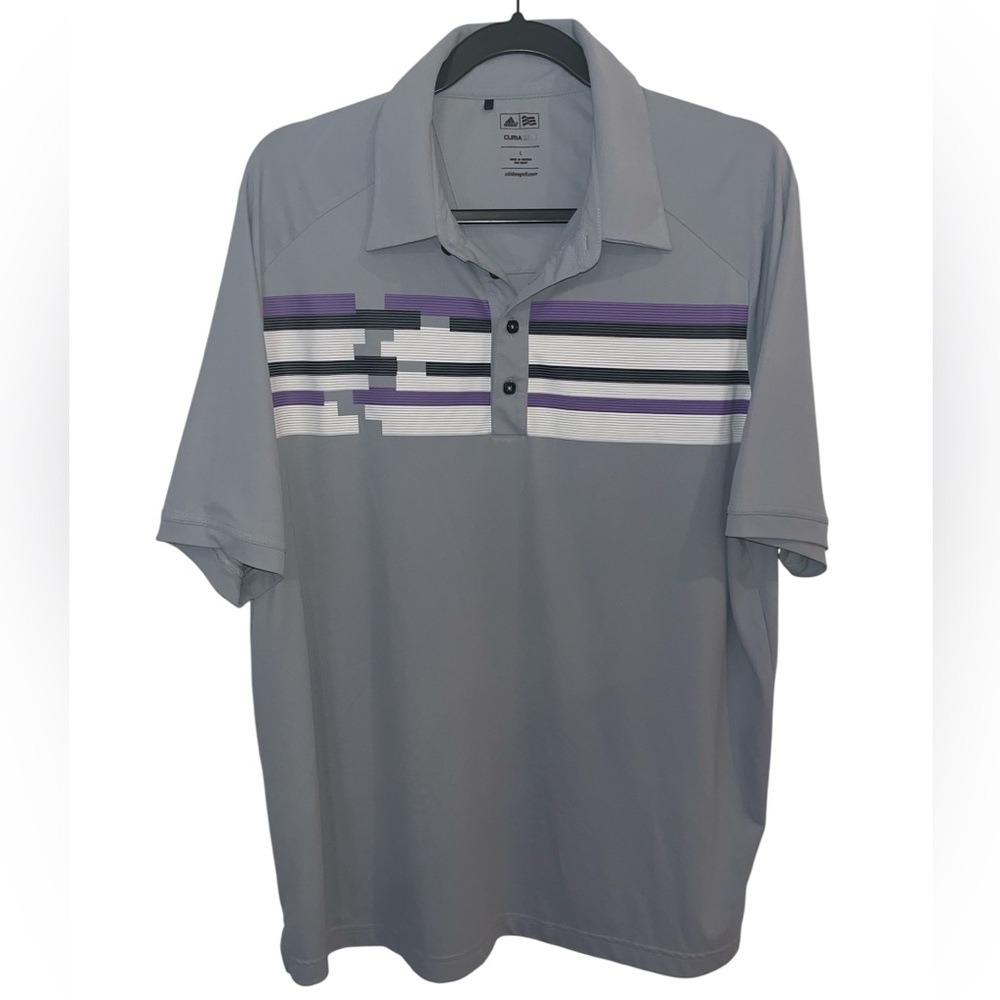 Men's adidas Gray Polo with Purple & White Stripe Detail